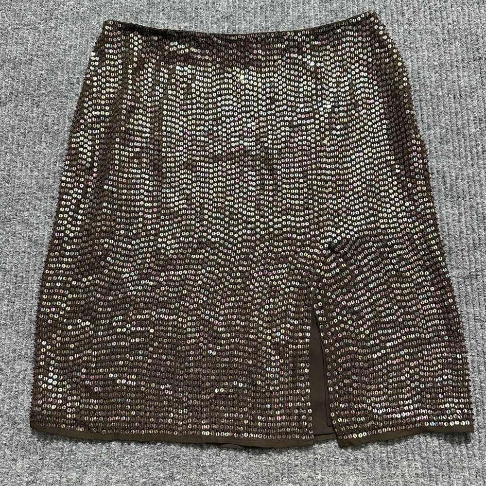 Express Womens Sequin Front-Slit Skirt Size 1/2 Brown Mini‎ Glam Party Clubwear